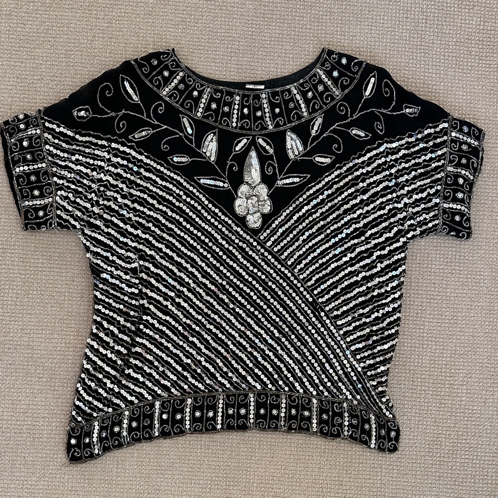 Vintage Elegant Black and Silver Embellished Women's Top